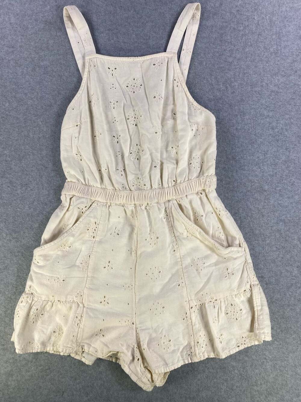 American Eagle Outfitters Women's Beige Eyelet Embroidered Ruffle Hem Romper